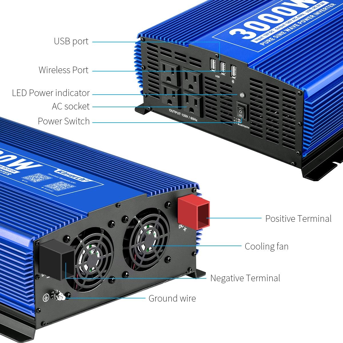 3000W Pure Sine Wave Power Inverter 12V DC to 110V AC with 4 AC Outlets 2 USB Ports N8966