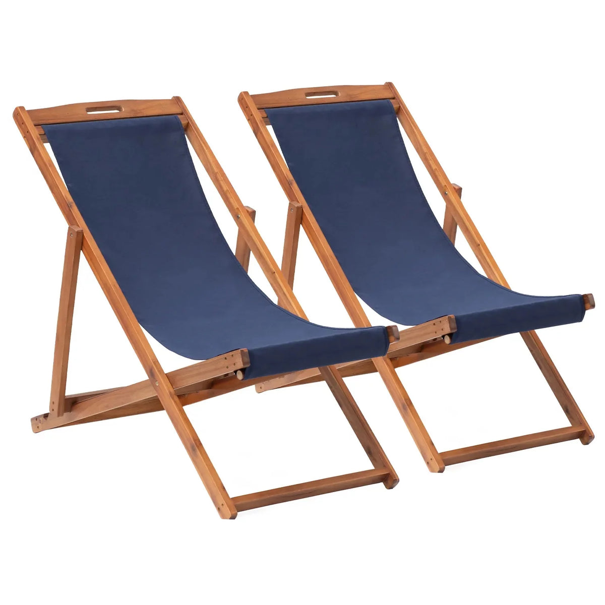 Beach Chair 2 Set Folding Reclining Chair with Solid Wood Frame Blue W12913