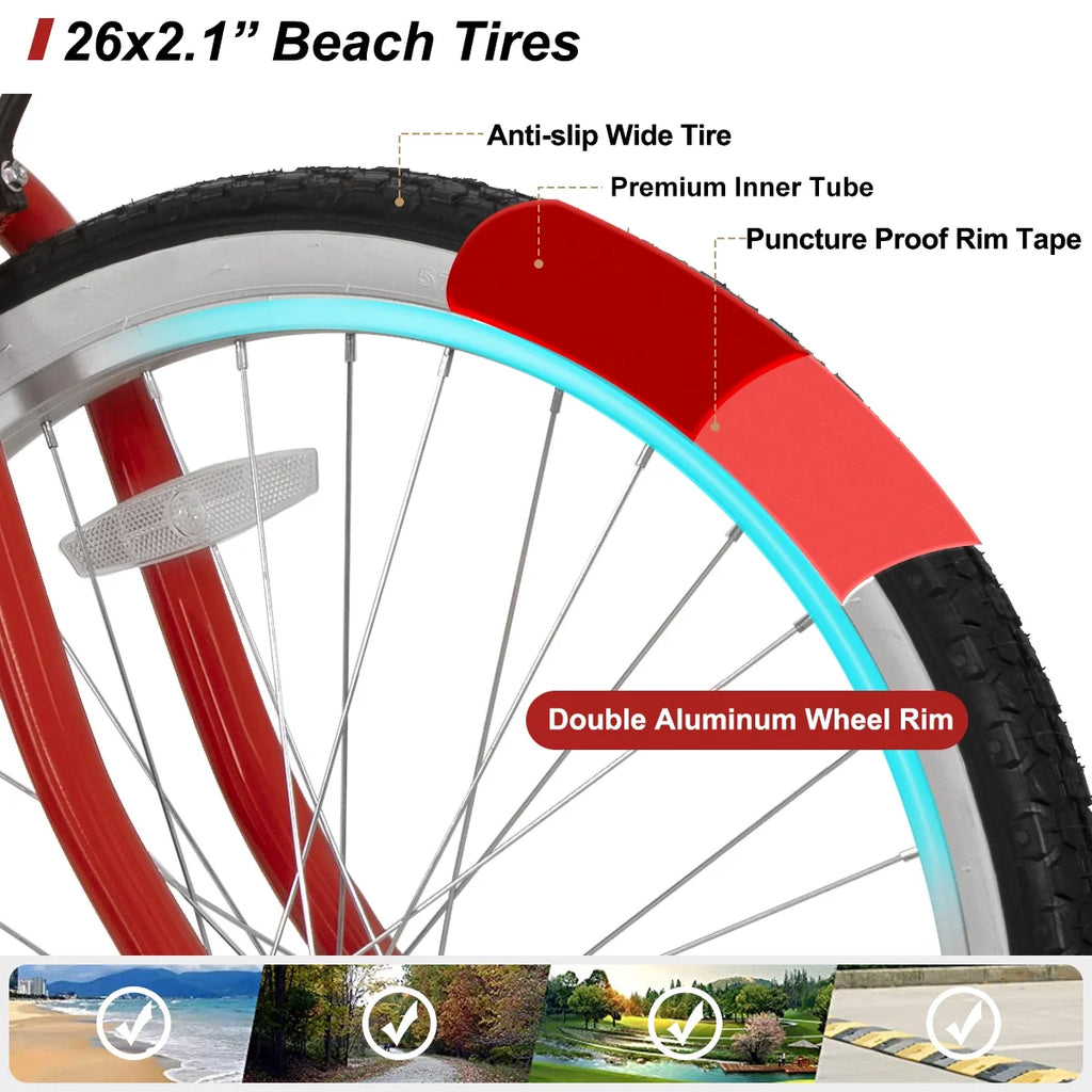 26 inch Red Black Blue Beach Cruiser Bike I462554