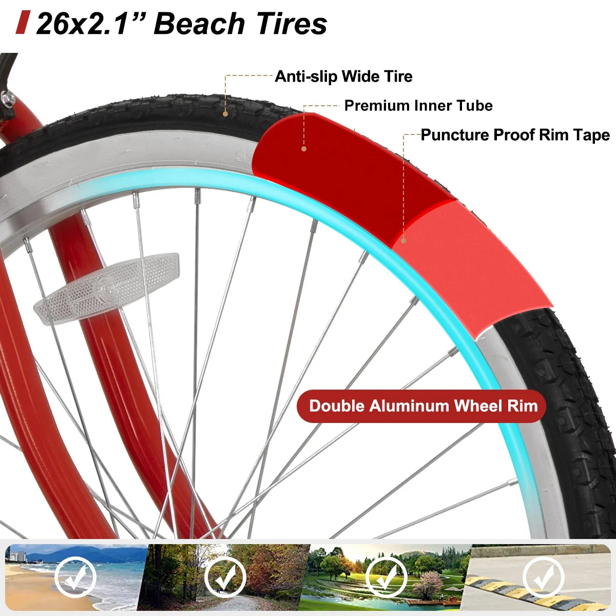 26 inch Red Black Blue Beach Cruiser Bike I462554