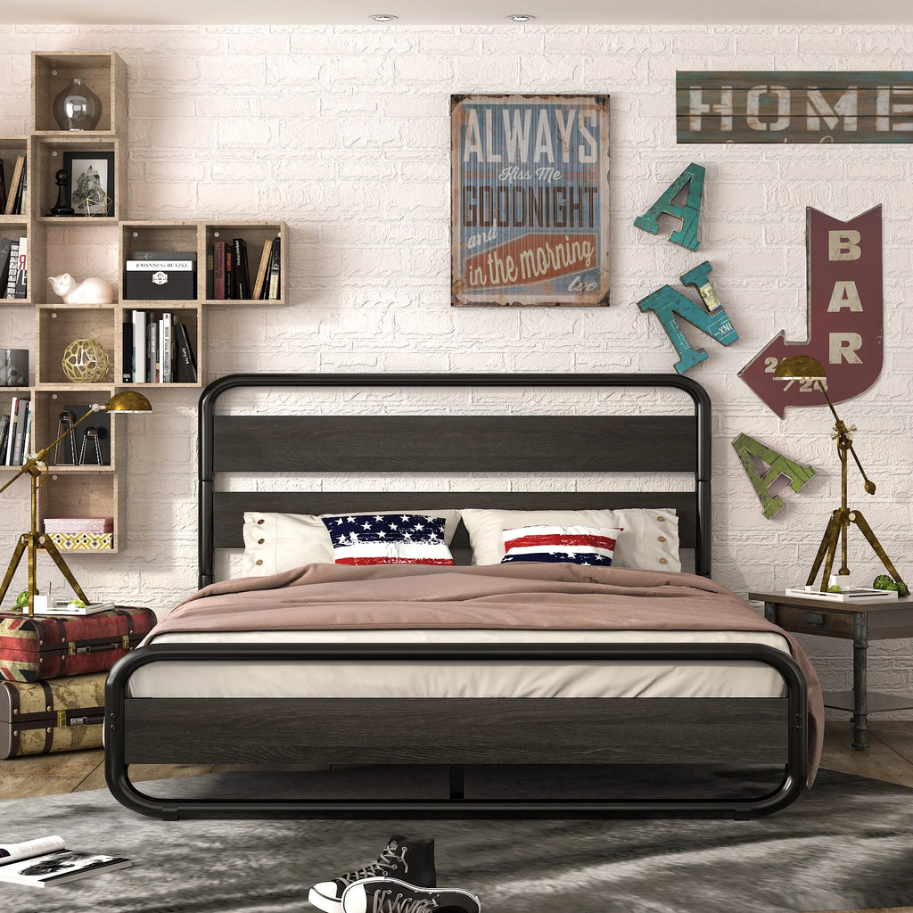 Full Size Metal Platform Bed Frame with Wooden Headboard & Footboard, Black J380146