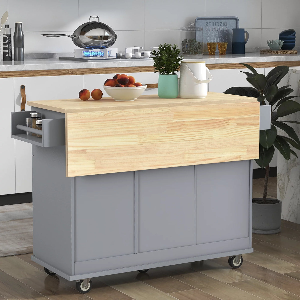 Rolling Mobile Kitchen Island with Storage Cabinet and Drop Breakfast Bar C393