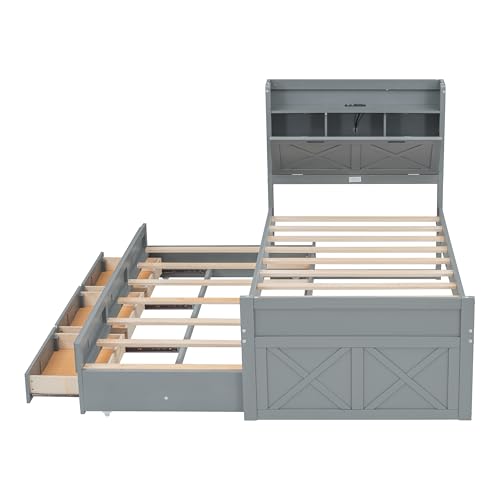 White Twin Size Wood Captain Platform Bed with Bookcase Headboard A6910