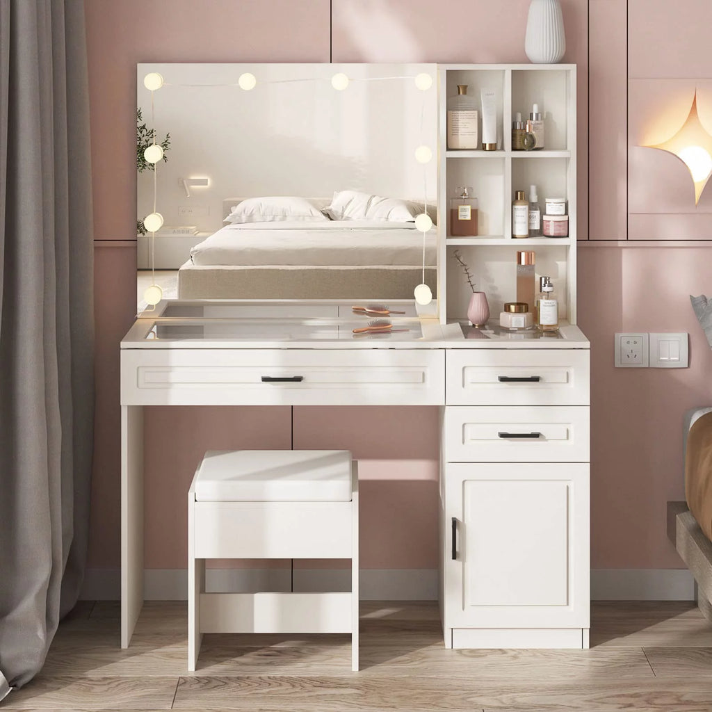White 45in Vanity Desk Set with Lighted Mirror and Glass Desktop J50038