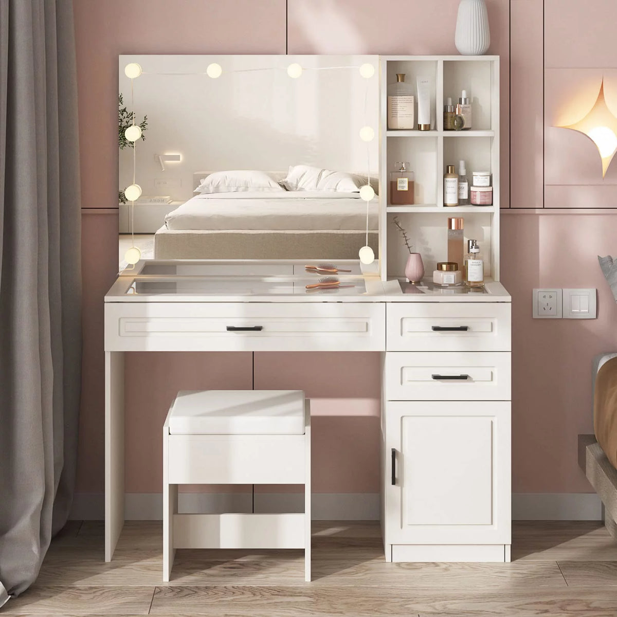 White 45in Vanity Desk Set with Lighted Mirror and Glass Desktop J50038