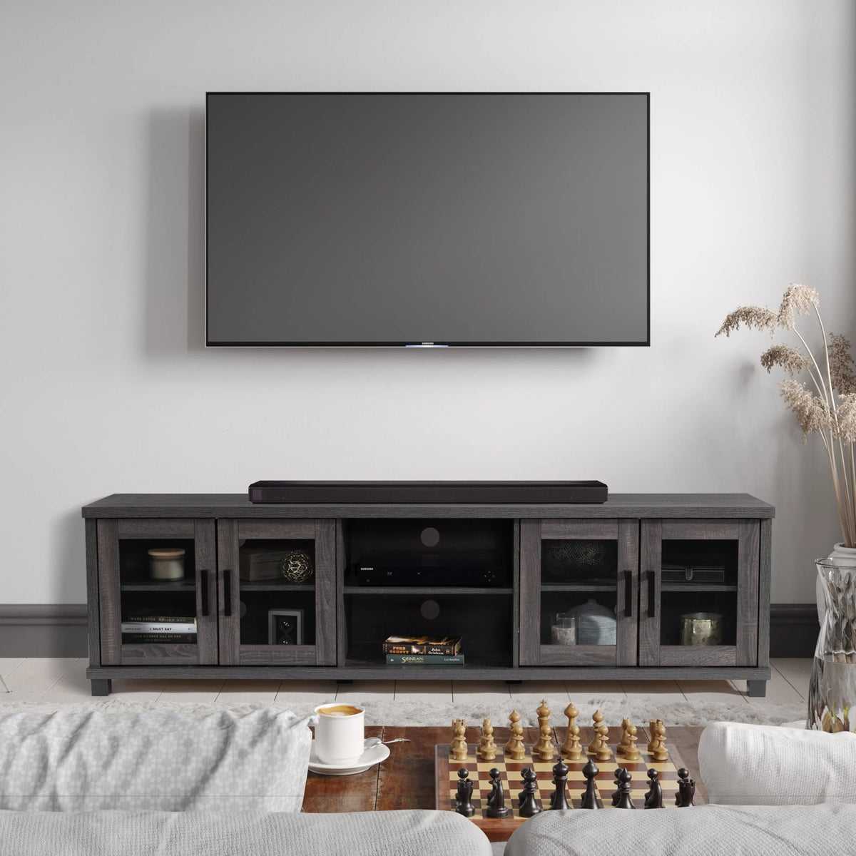 Dark Gray Engineered Wood TV Stand with Glass Cabinets K626