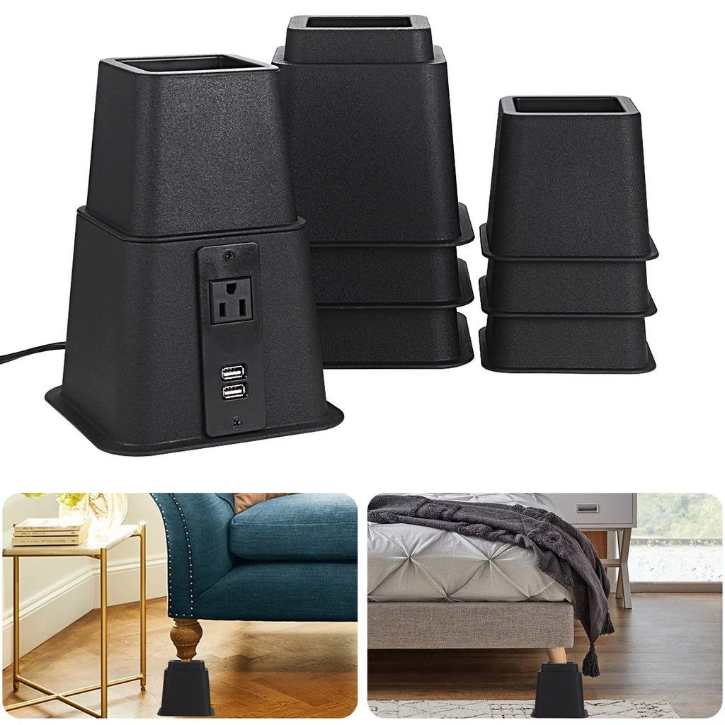 Black Adjustable Bed Riser with Power Outlet and USB Ports Set of 4 P69209