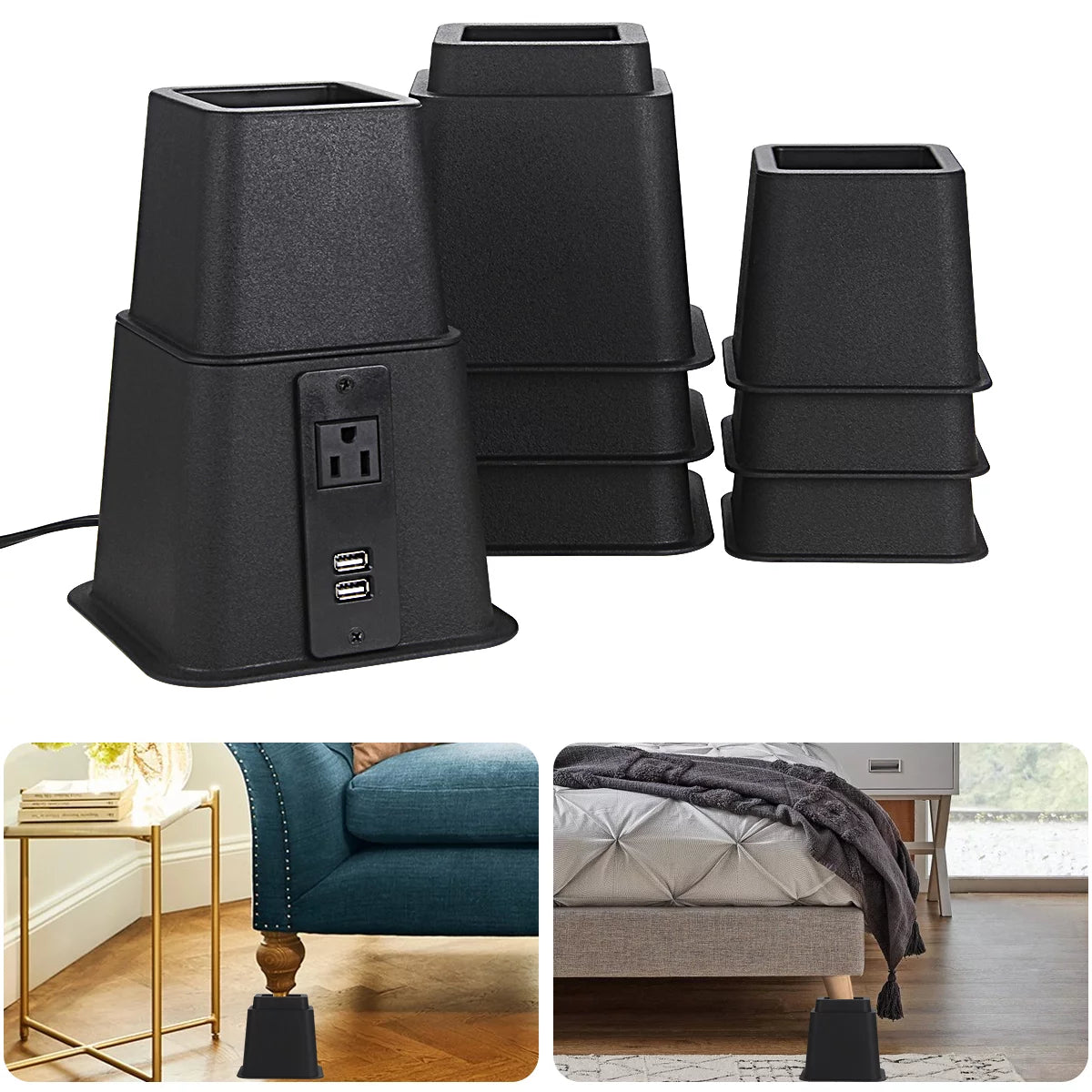 Black Adjustable Bed Riser with Power Outlet and USB Ports Set of 4 P69209