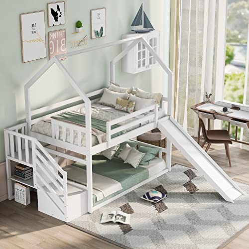 White Twin Over Twin Bunk Bed with Slide and Storage Staircase L622734