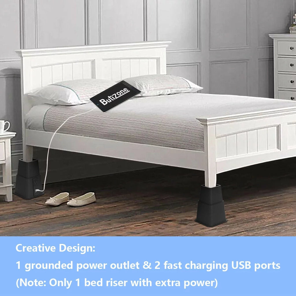 Black Adjustable Bed Riser with Power Outlet and USB Ports Set of 4 P69209