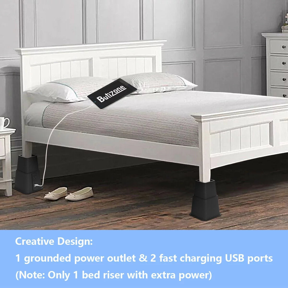 Black Adjustable Bed Riser with Power Outlet and USB Ports Set of 4 P69209
