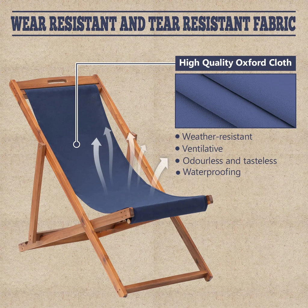 Beach Chair 2 Set Folding Reclining Chair with Solid Wood Frame Blue W12913