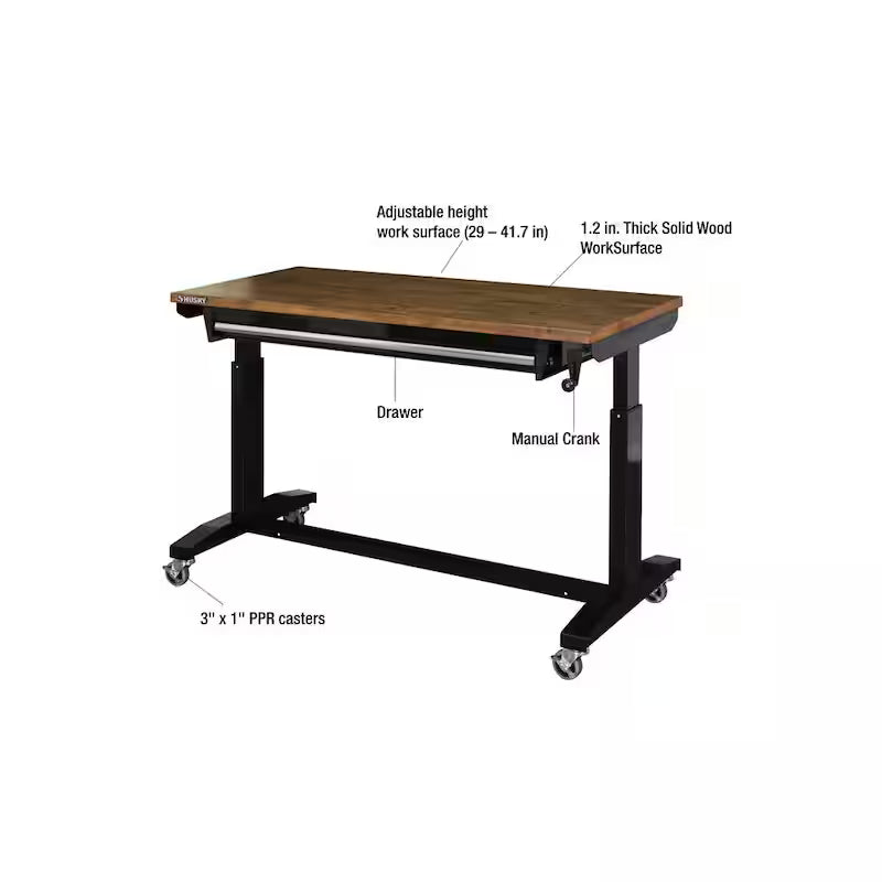 52 in. W Steel 1-Drawer Adjustable Height Workbench with Wood Top V100145