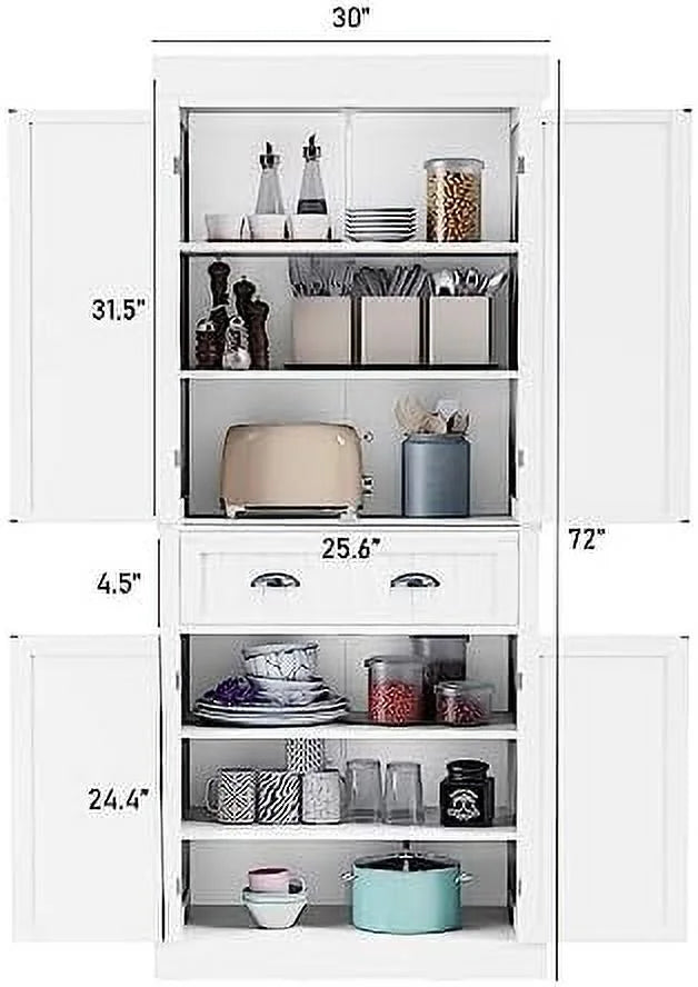 72" White Kitchen Pantry Cabinet with Doors and Adjustable Shelves X48359