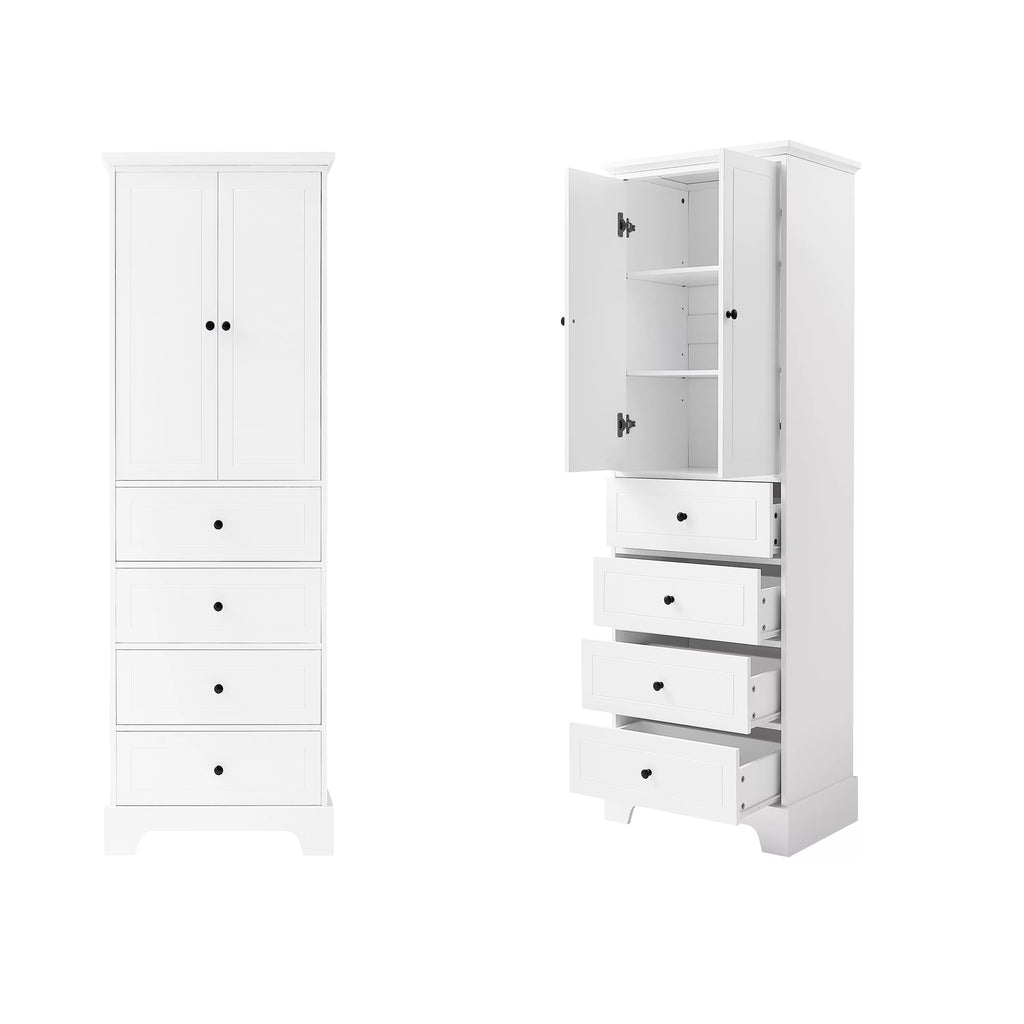 White Wooden Storage Cabinet with Adjustable Shelves and Drawers I46220