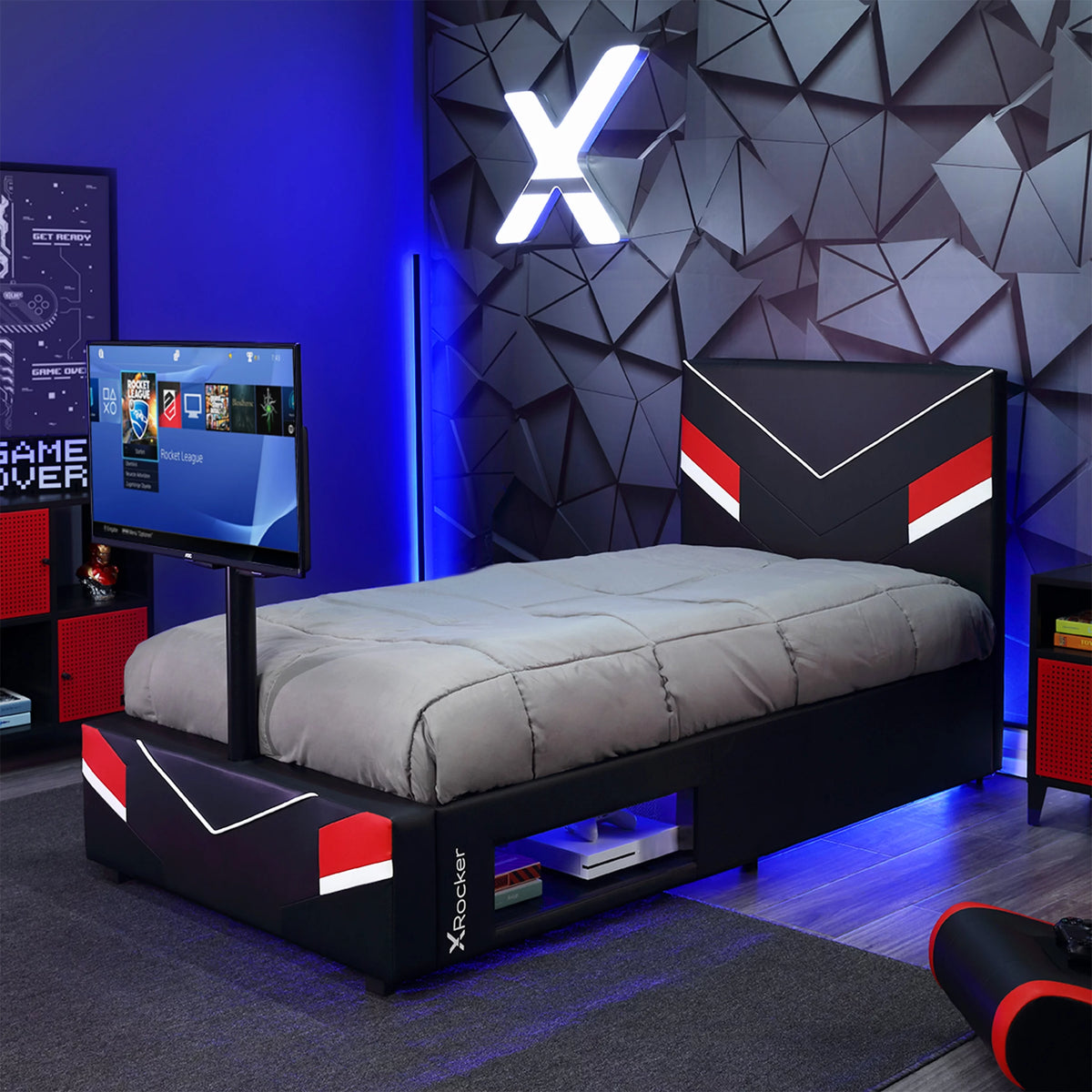 Black Red Twin Gaming Bed Frame with TV Mount U878677