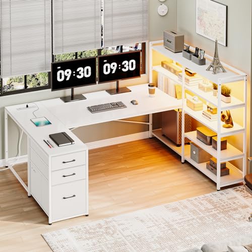 L Shaped Desk with Storage Shelves and 3 Fabric Drawers N963