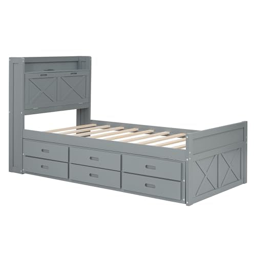 White Twin Size Wood Captain Platform Bed with Bookcase Headboard A6910
