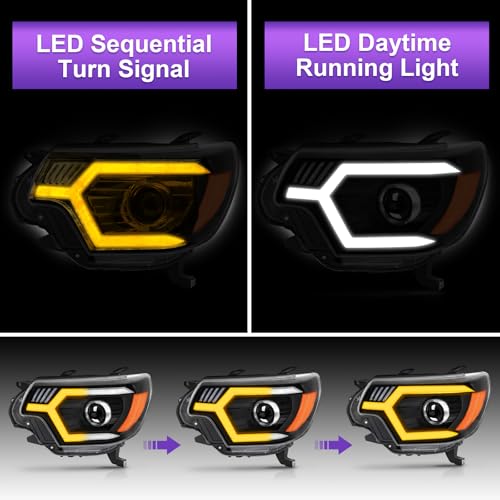 LED Headlight Assembly with Sequential Turn Signal Black Housing Amber Reflector W560039