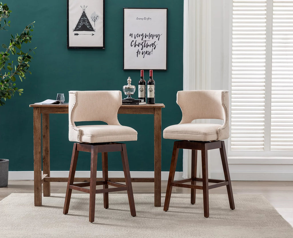 30" Beige Linen Upholstered Swivel Bar Stool Set of 2 with Wooden Legs S427705