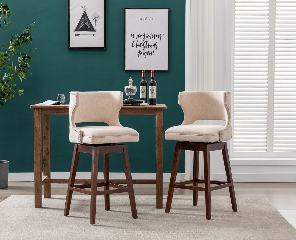 30" Beige Linen Upholstered Swivel Bar Stool Set of 2 with Wooden Legs S427705