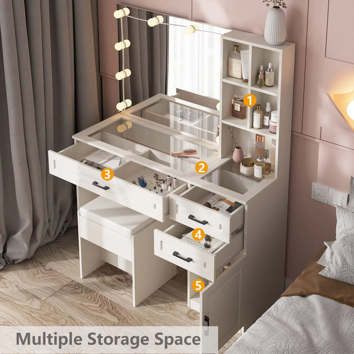 White 45in Vanity Desk Set with Lighted Mirror and Glass Desktop J50038