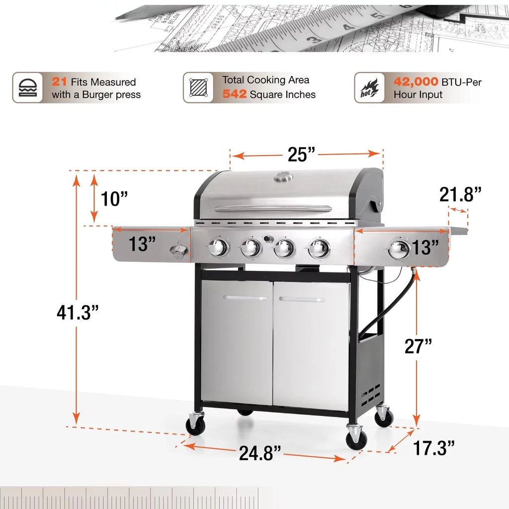 4 Burner Propane Gas Grill with Side Burner Stainless Steel W957294