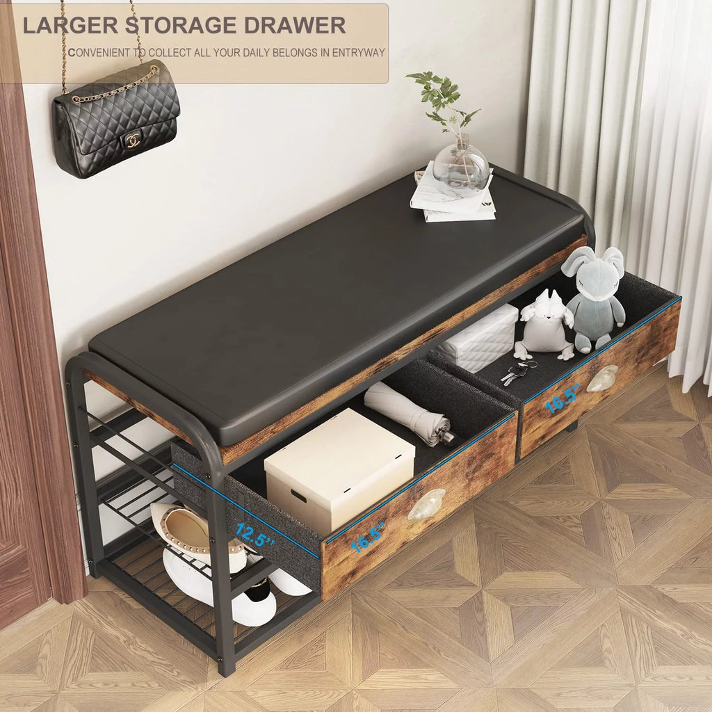 3 Tier Shoe Storage Bench with Padded Seating & Drawers C448640