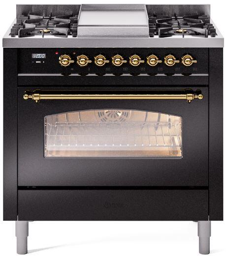 36 Dual Fuel Natural Gas Range Glossy Black Brass Trim W3964