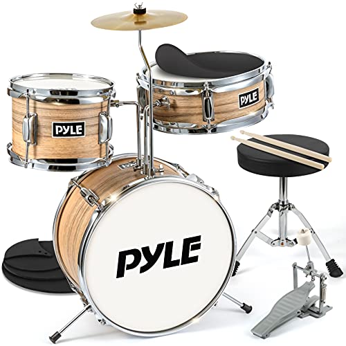 3-Piece Kids Junior Metallic Striped Yellow Drum Set with Throne, Cymbal, Pedal, Bass Drum, Tom and Drumsticks H860