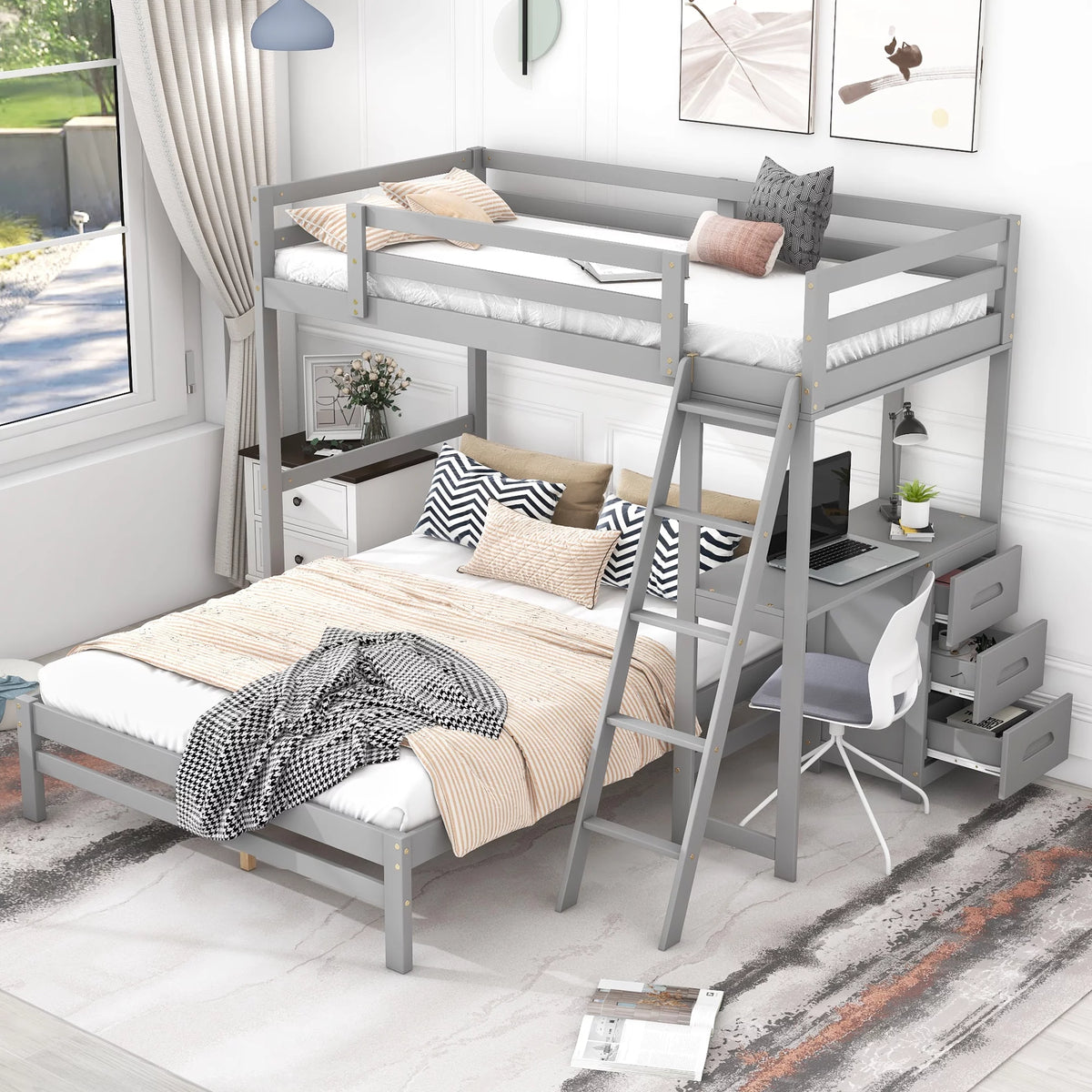 Twin over Full Bunk Bed with Desk and Drawers N64180