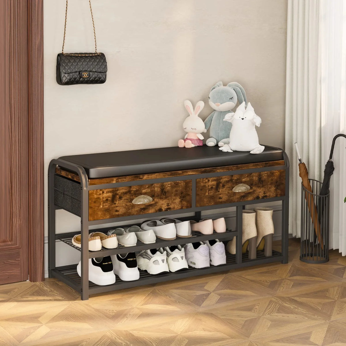 3 Tier Shoe Storage Bench with Padded Seating & Drawers C448640