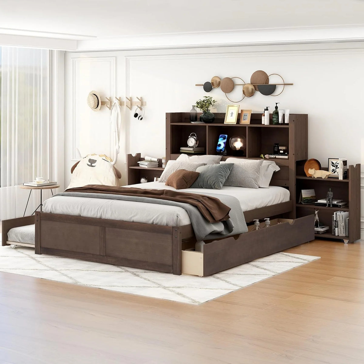 Full Size Wood Storage Bed with Bookcase Headboard and Trundle B599036