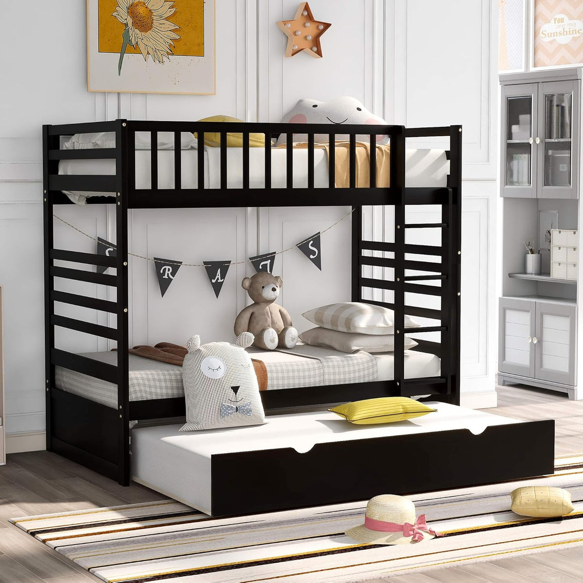 Full Over Full Pine Wood Bunk Bed with Trundle and Guardrail M148