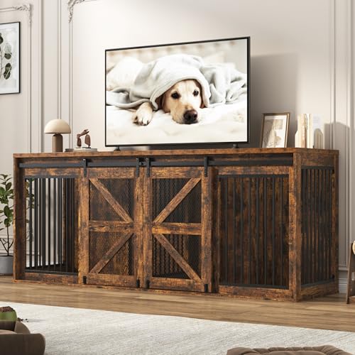 Black Wooden Dog Crate TV Stand with Sliding Metal Mesh Barn Door D798321