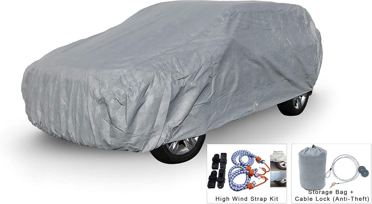 Weatherproof Car Cover with Cable Lock, Bag & Wind Straps P962228