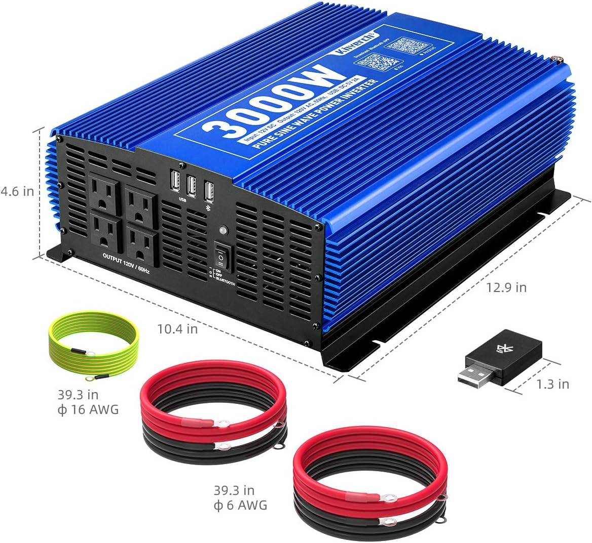 3000W Pure Sine Wave Power Inverter 12V DC to 110V AC with 4 AC Outlets 2 USB Ports N8966