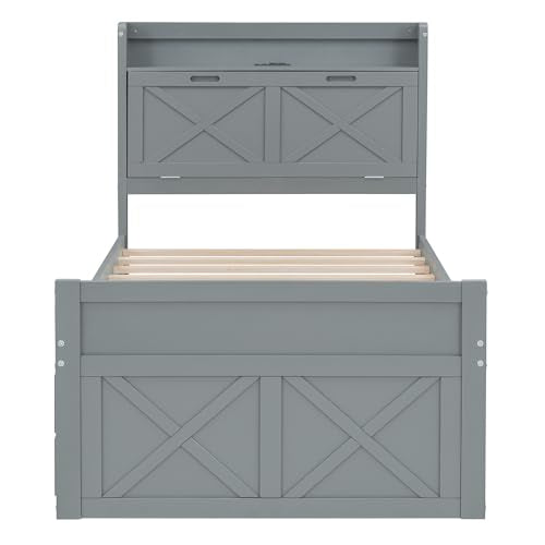White Twin Size Wood Captain Platform Bed with Bookcase Headboard A6910