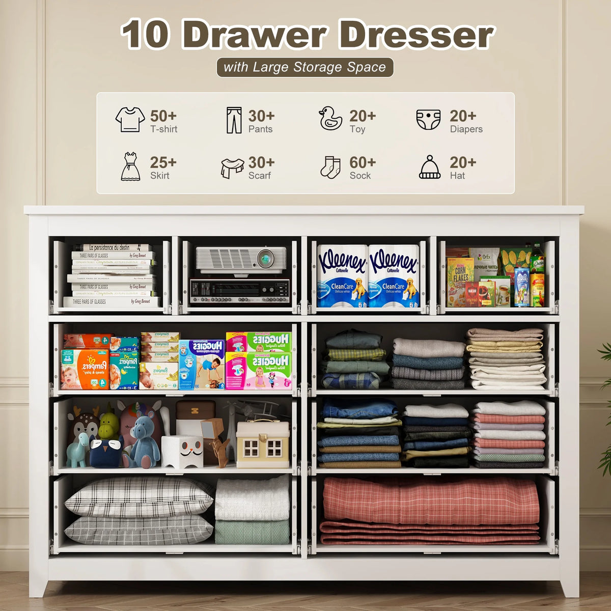 White Wood Dresser with 10 Deep Drawers T335938