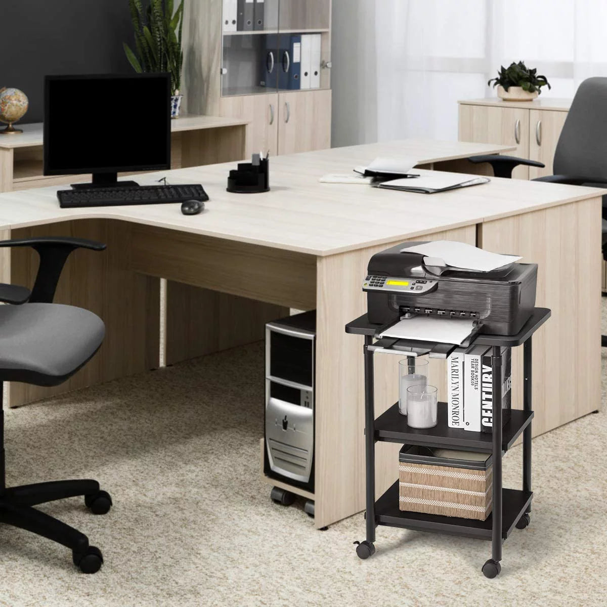 3-Tier Adjustable Rolling Printer Stand with 2 Storage Shelves F11245