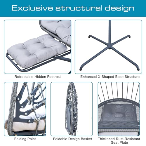 Hanging Egg Chair with Stand and Leg Rest Rattan Wicker Swing Hammock Chair D77486