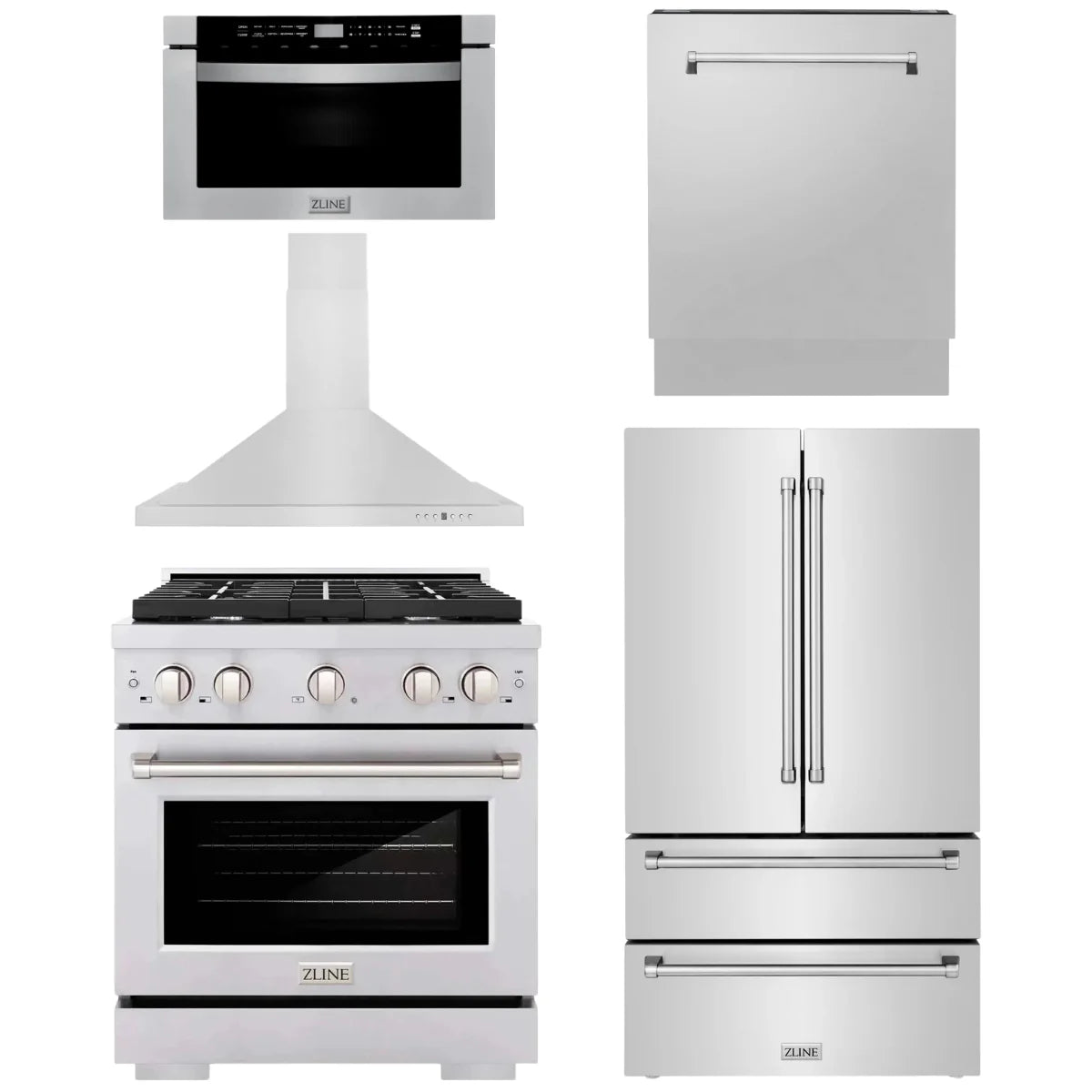 30 in. Gas Range, Range Hood, Microwave Drawer, Dishwasher, Refrigerator P7818
