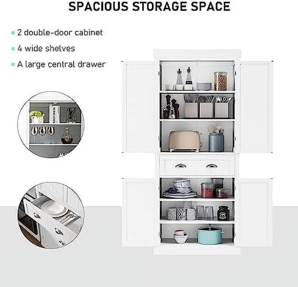 72" White Kitchen Pantry Cabinet with Doors and Adjustable Shelves X48359