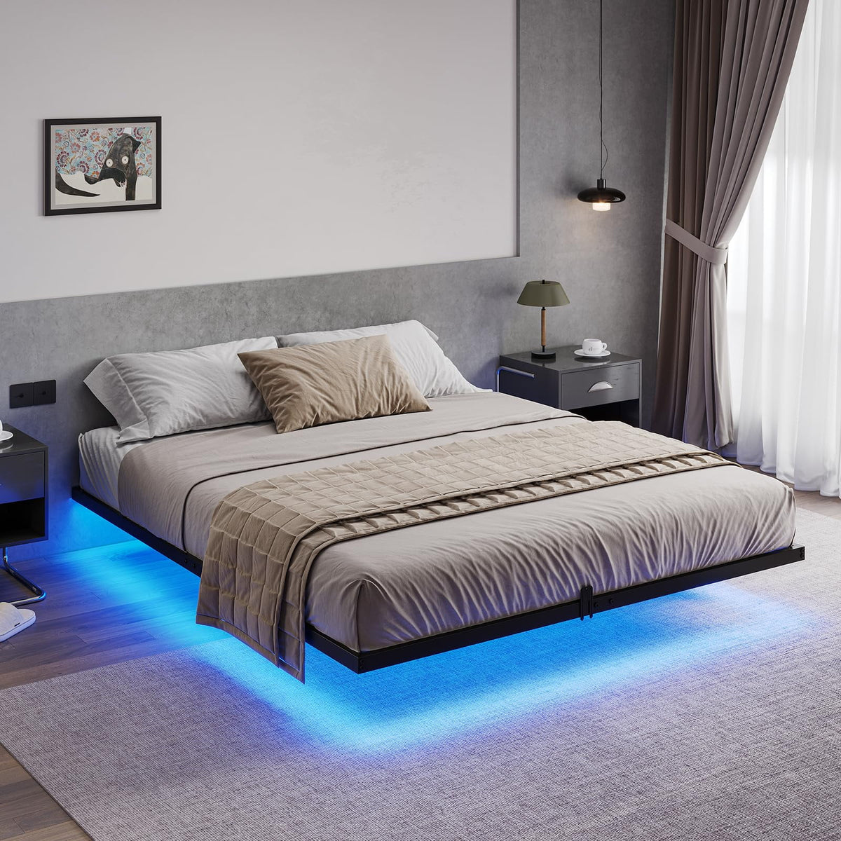 Queen Size Black Metal Platform Bed Frame with LED Lights Q4750