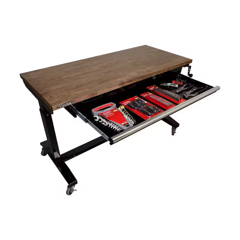 52 in. W Steel 1-Drawer Adjustable Height Workbench with Wood Top V100145