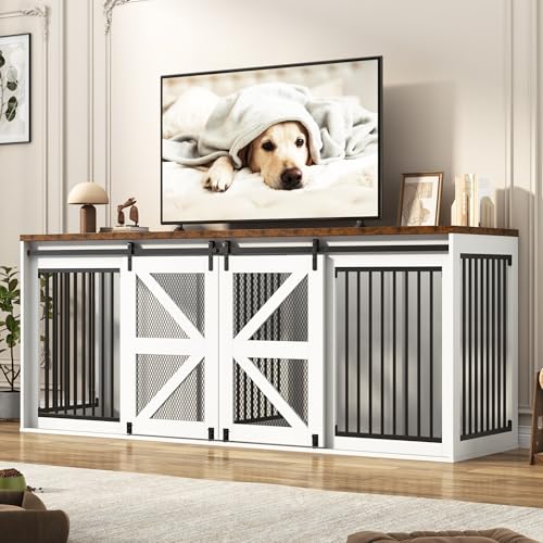 Black Wooden Dog Crate TV Stand with Sliding Metal Mesh Barn Door D798321