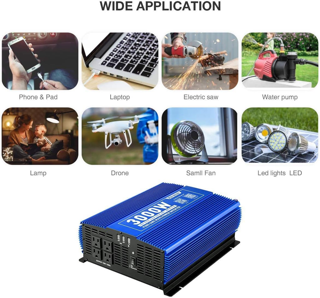 3000W Pure Sine Wave Power Inverter 12V DC to 110V AC with 4 AC Outlets 2 USB Ports N8966