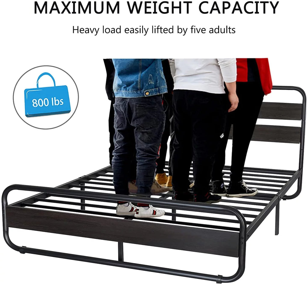Full Size Metal Platform Bed Frame with Wooden Headboard & Footboard, Black J380146