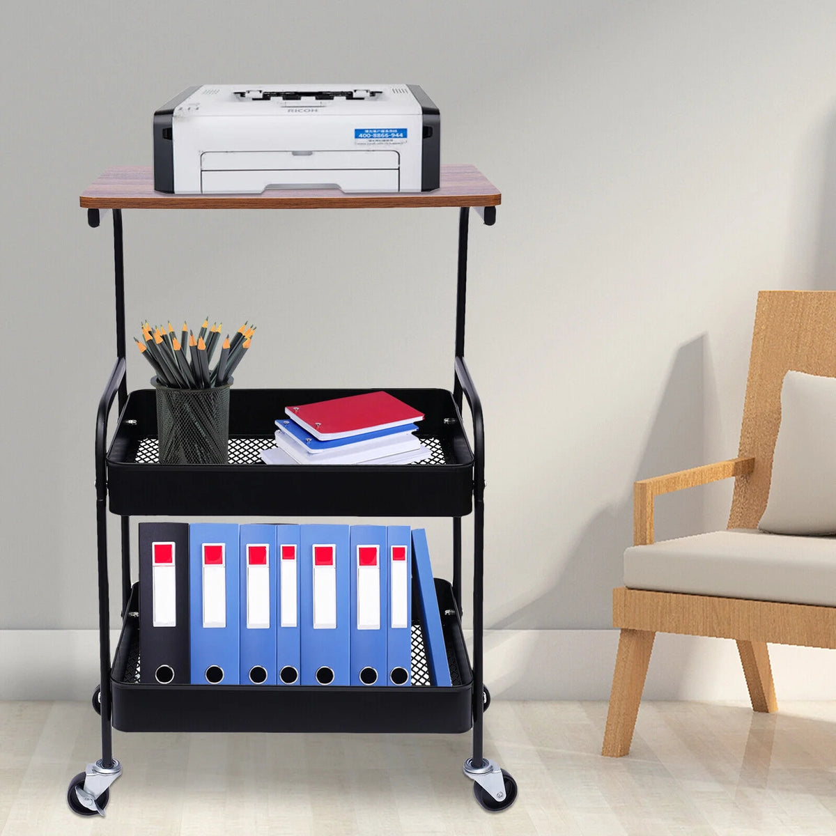 3 Tier Rolling Printer Cart with Wheels Black O220813