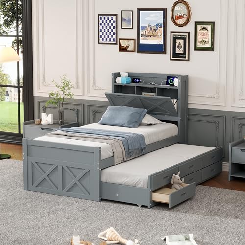White Twin Size Wood Captain Platform Bed with Bookcase Headboard A6910